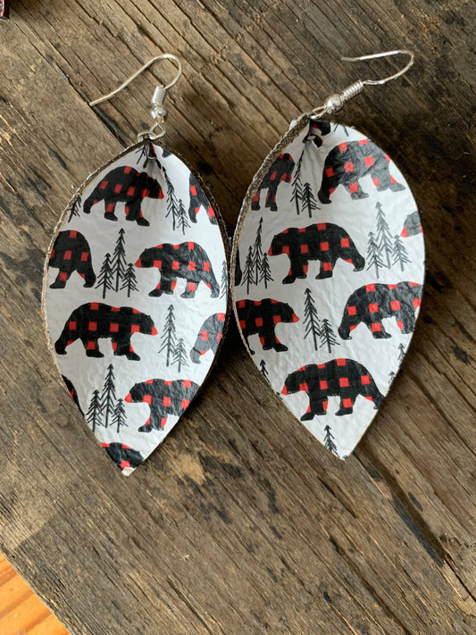 Buffalo Plaid Bear Leather Earrings