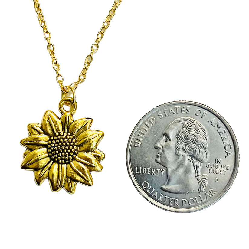 Gold Sunflower Pendant Charm Necklace on Sunflower Card