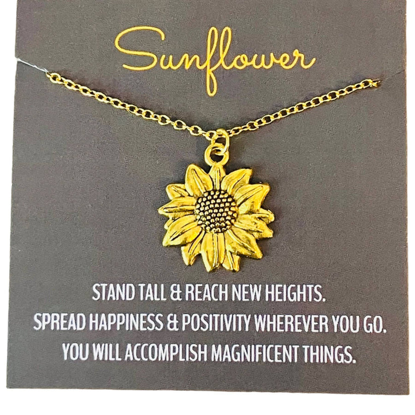 Gold Sunflower Pendant Charm Necklace on Sunflower Card