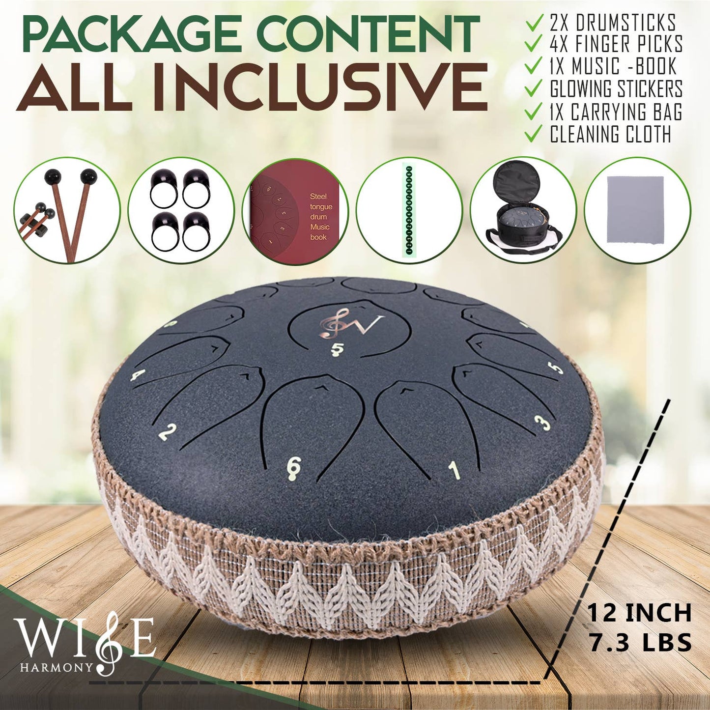 12-Inch Steel Tongue Drum - 13 Notes - Rain Drum - Navy Blue