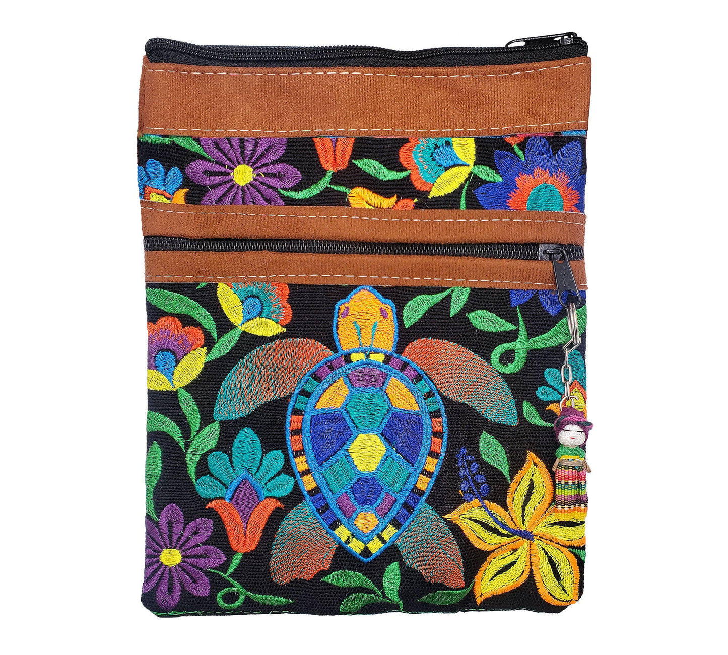 Embroidered Sea Turtle Leather Crossbody Purse Passport Bag