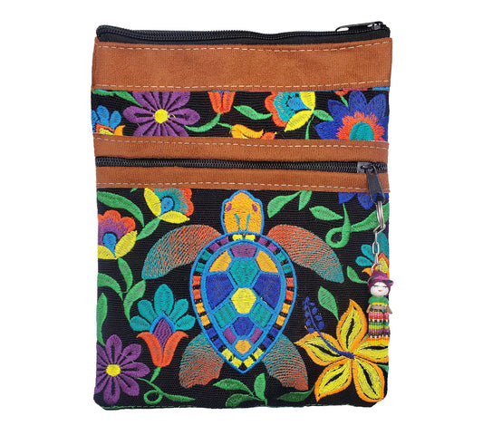 Embroidered Sea Turtle Leather Crossbody Purse Passport Bag