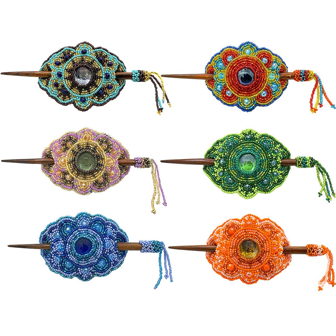 Large Beaded Mandala Barrette Seed Bead Fringe Hair Stick