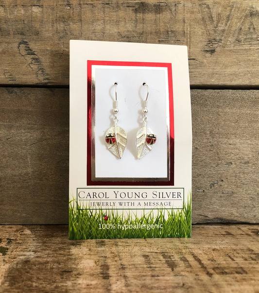 Ladybug on Leaf Earrings / Drop Wire on CARD Jewelry
