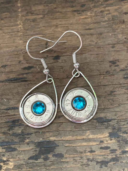 Silver Teardrop 45 Auto Teal Blue Bullet Earrings